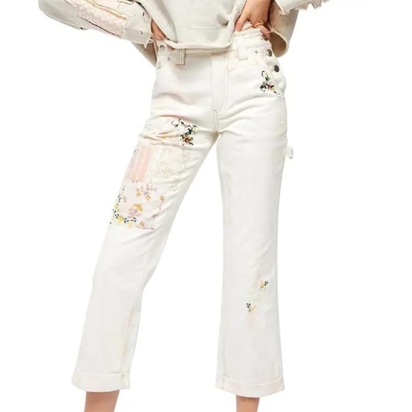 WE THE FREE Free People Love Alive Boyfriend Jeans Patchwork Dye Carpenter Pants - Picture 2 of 13